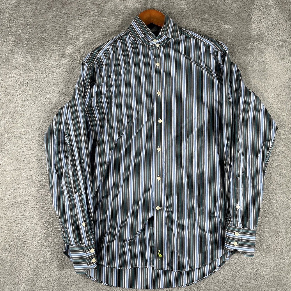 Tailorbyrd Button Down Shirt Mens Medium Blue Striped‎ Flamingo Logo Preppy Work